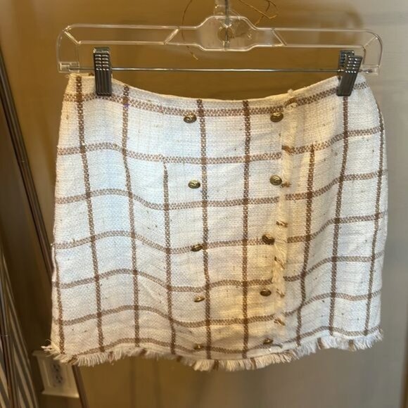 Leyden Monroe Plaid Printed MiniSkirt Size Small Ivory Tan Checked Academia NWT - Picture 3 of 14